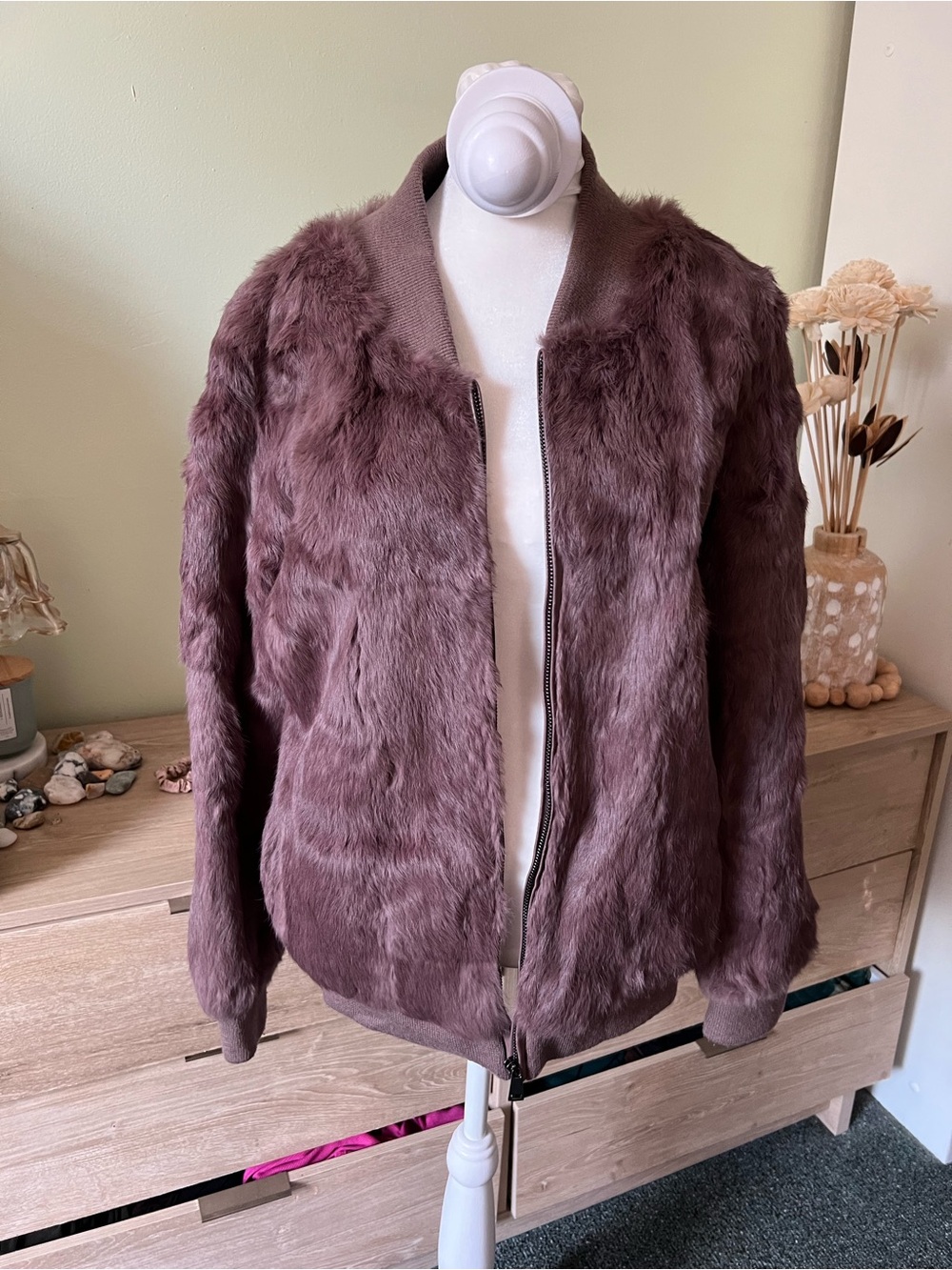 Light Brown Authentic Rabbit Fur Bomber Oversized Relaxed Fit Jacket Coat Sz M-L